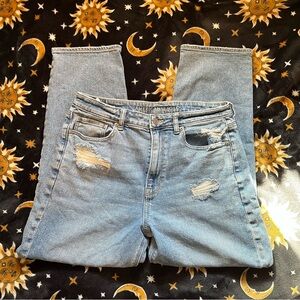 American Eagle Size 12 Jeans Distressed Light Wash Straight Leg High Waisted